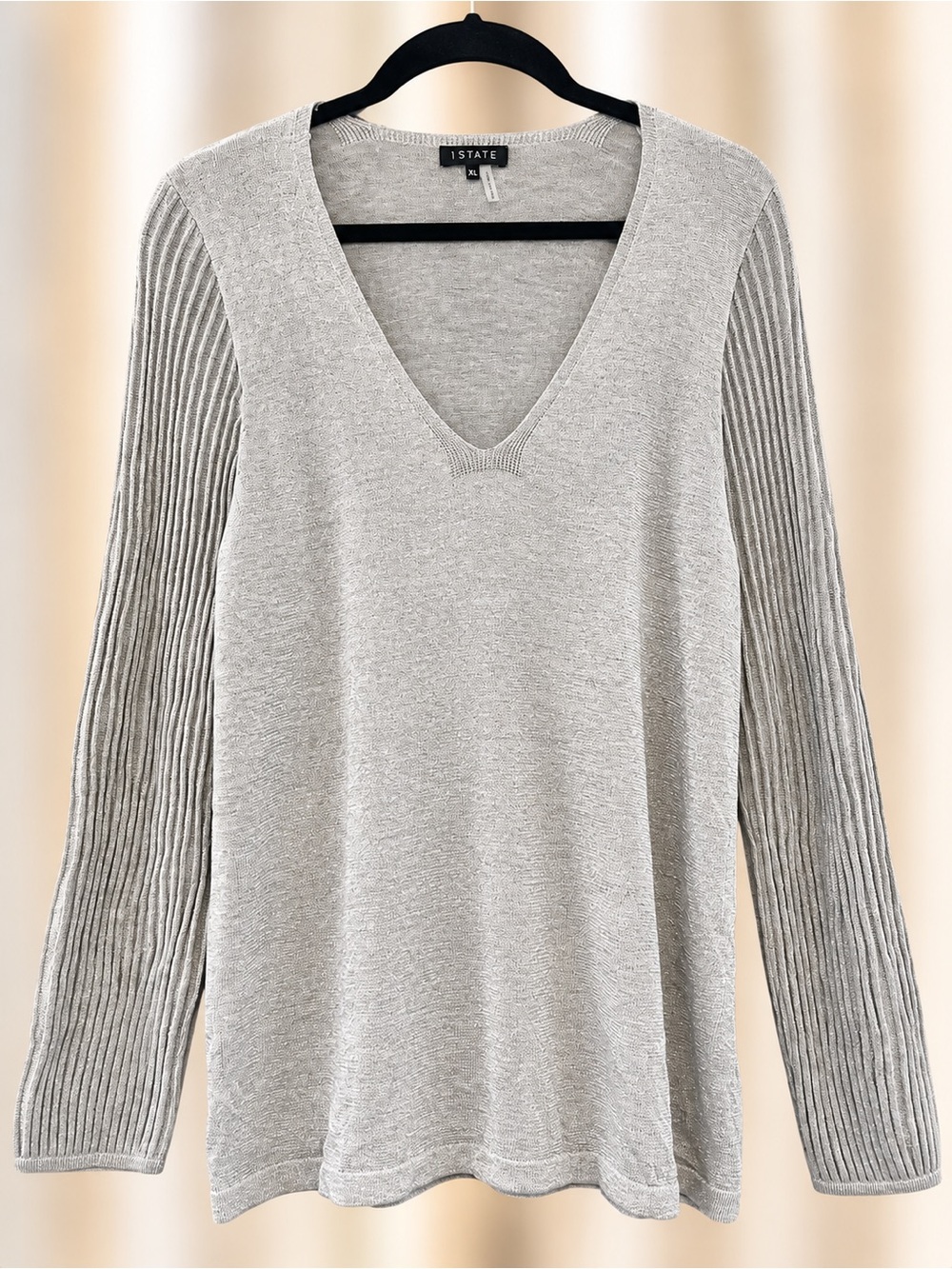 1.STATE Women's Light Gray V-Neck Rib-Sleeve Sweater Size XL NWT Nordstrom